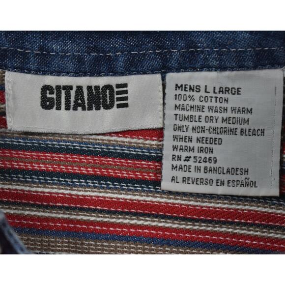 90's Vintage Gitano red/blue denim striped/plaid button up shirt Men's sz large - Picture 4 of 5